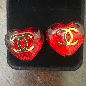 CC Chanel Boutique Heart Logo Stud Earrings in Red